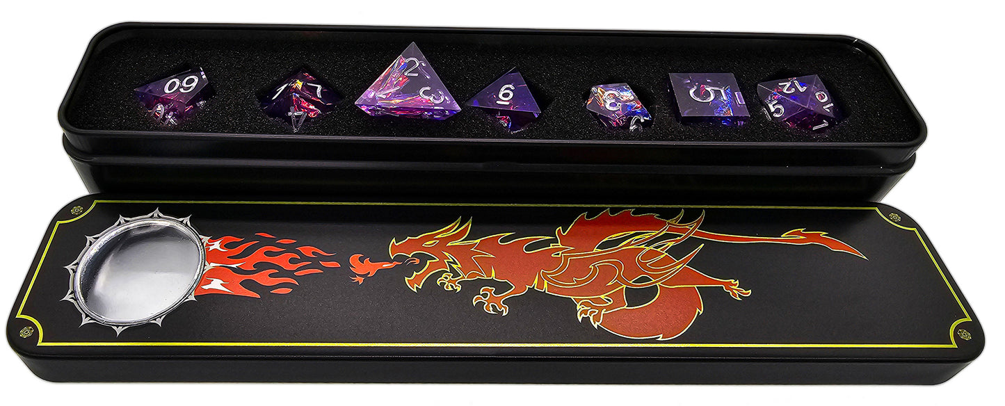 7pc Purple Transparent Resin Sharp Edge DND Dice Set