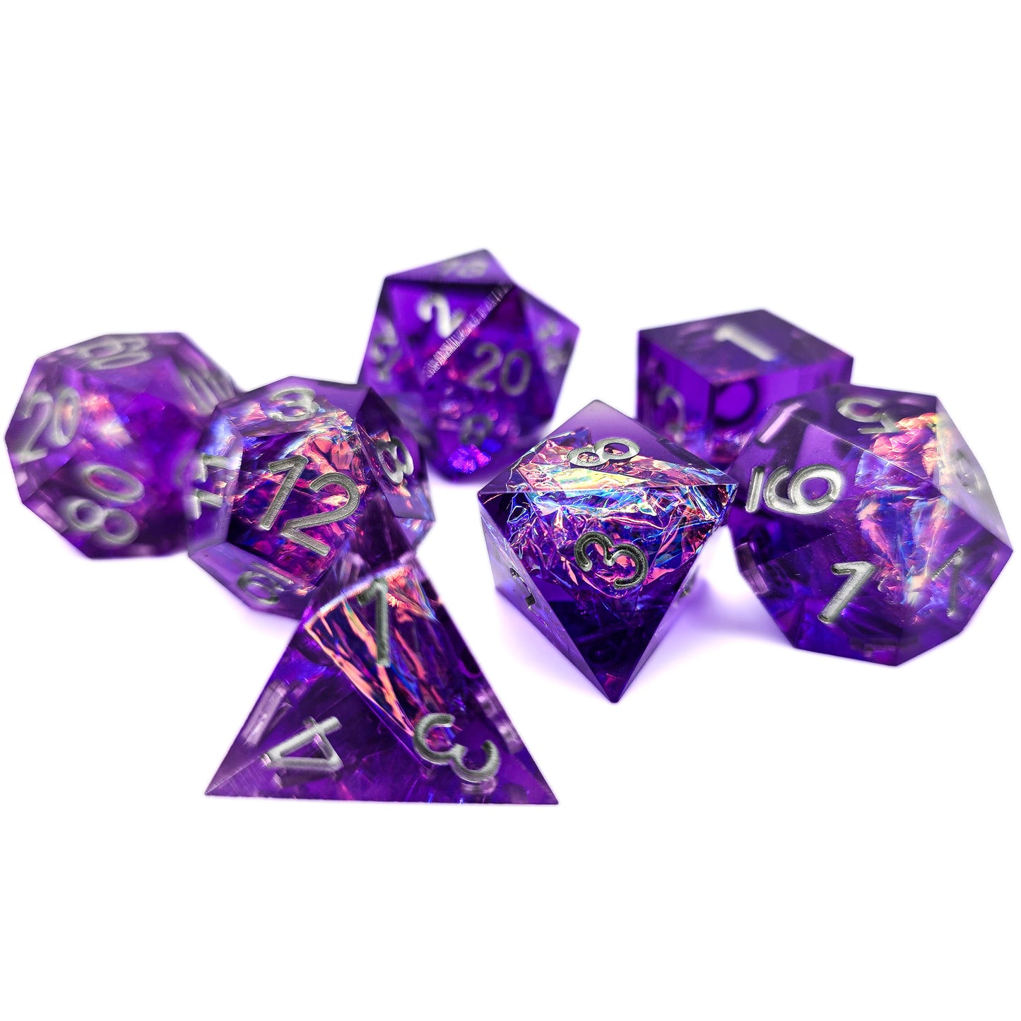 7pc Purple Transparent Resin Sharp Edge DND Dice Set