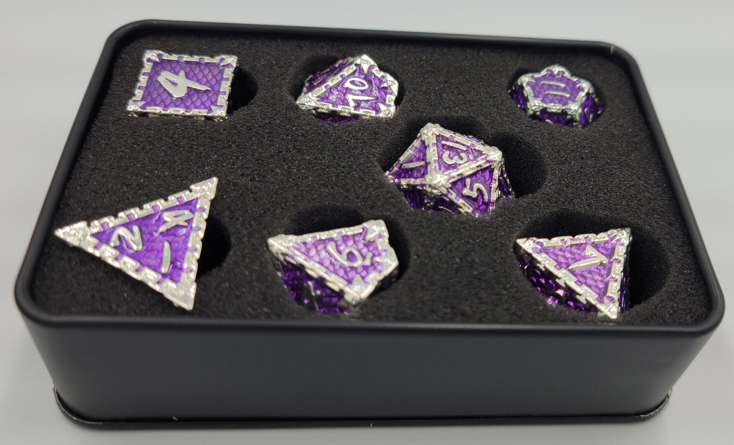 Purple & Silver Dragon Scale Metal 7 Piece D&D Dice Set + Metal Box