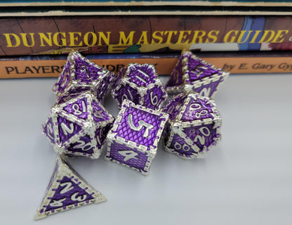 Purple & Silver Dragon Scale Metal 7 Piece D&D Dice Set + Metal Box