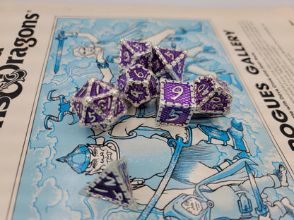 Purple & Silver Dragon Scale Metal 7 Piece D&D Dice Set + Metal Box