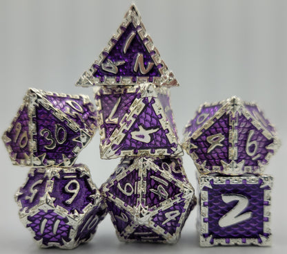 Purple & Silver Dragon Scale Metal 7 Piece D&D Dice Set + Metal Box