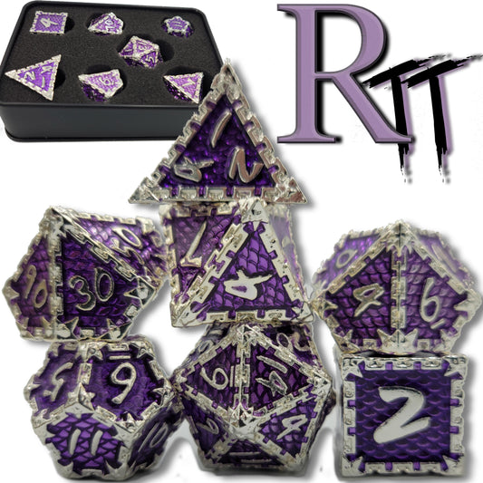 Purple & Silver Dragon Scale Metal 7 Piece D&D Dice Set + Metal Box