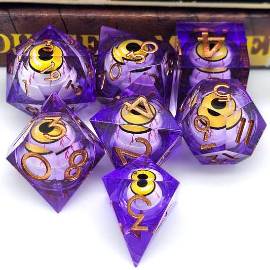 Purple DND Dice Set w/ Yellow Evil Eye Resin Liquid Core