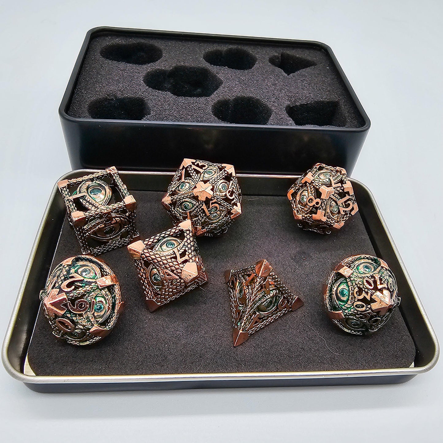 Green & Rose Gold Hollow Metal Illuminati Dice