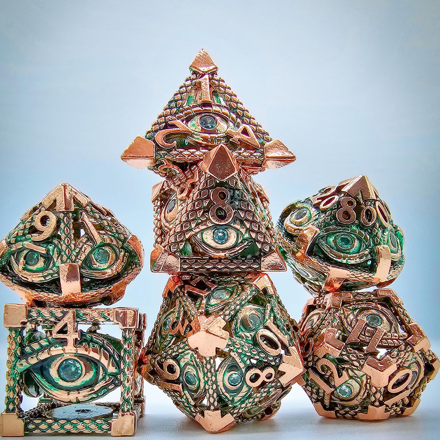 Green & Rose Gold Hollow Metal Illuminati Dice