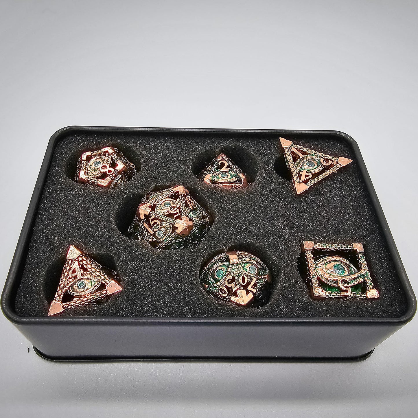 Green & Rose Gold Hollow Metal Illuminati Dice