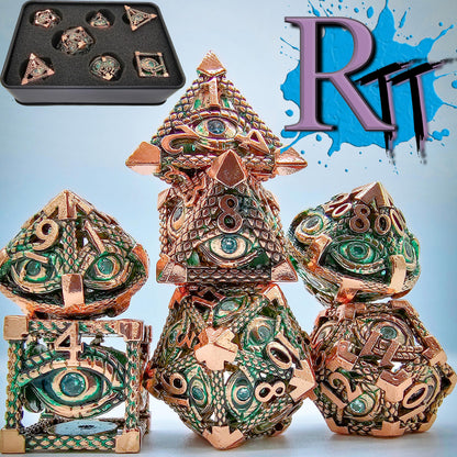 Green & Rose Gold Hollow Metal Illuminati Dice