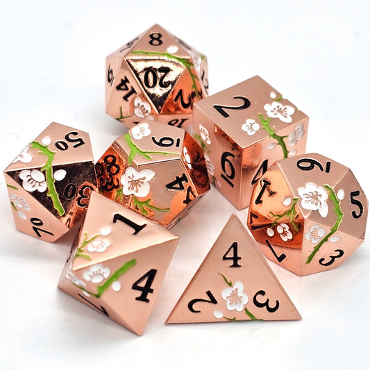 Solid Metal Rose Gold Plum Blossom DND Dice Set