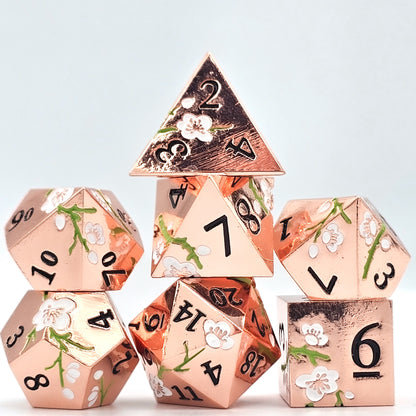 Solid Metal Rose Gold Plum Blossom DND Dice Set