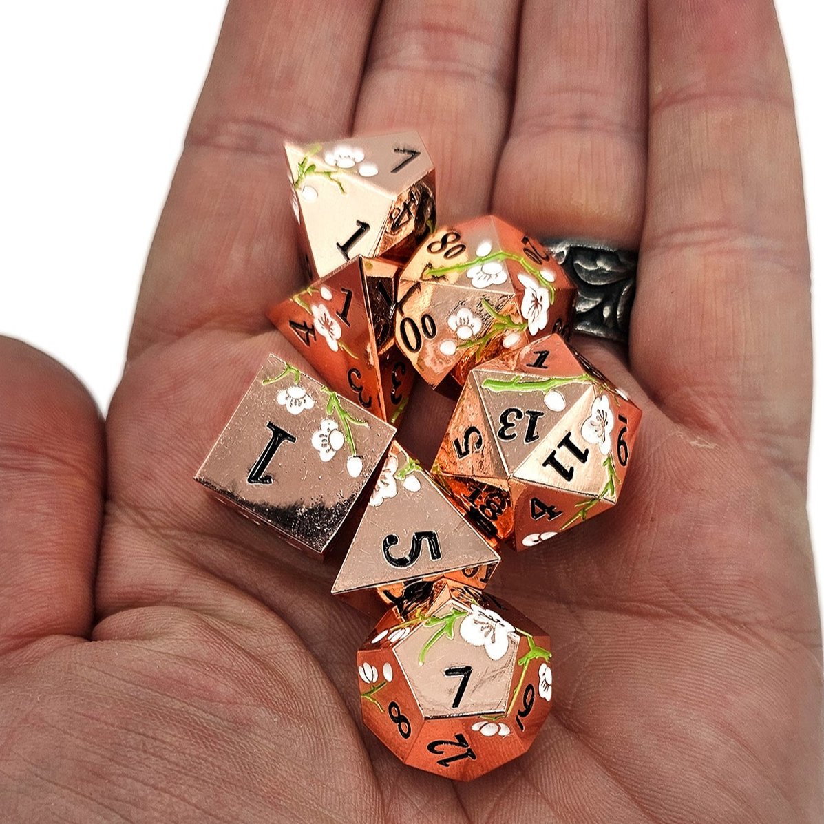 Solid Metal Rose Gold Plum Blossom DND Dice Set