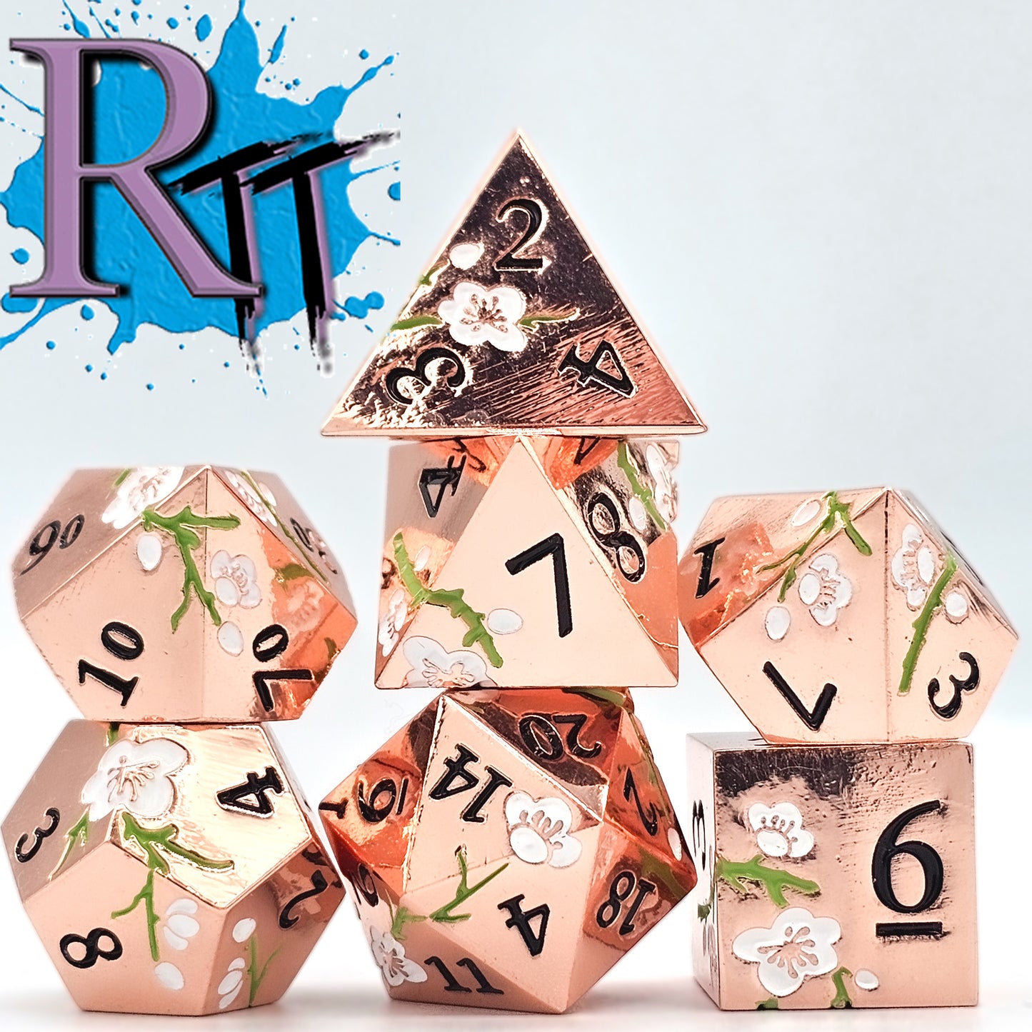 Solid Metal Rose Gold Plum Blossom DND Dice Set