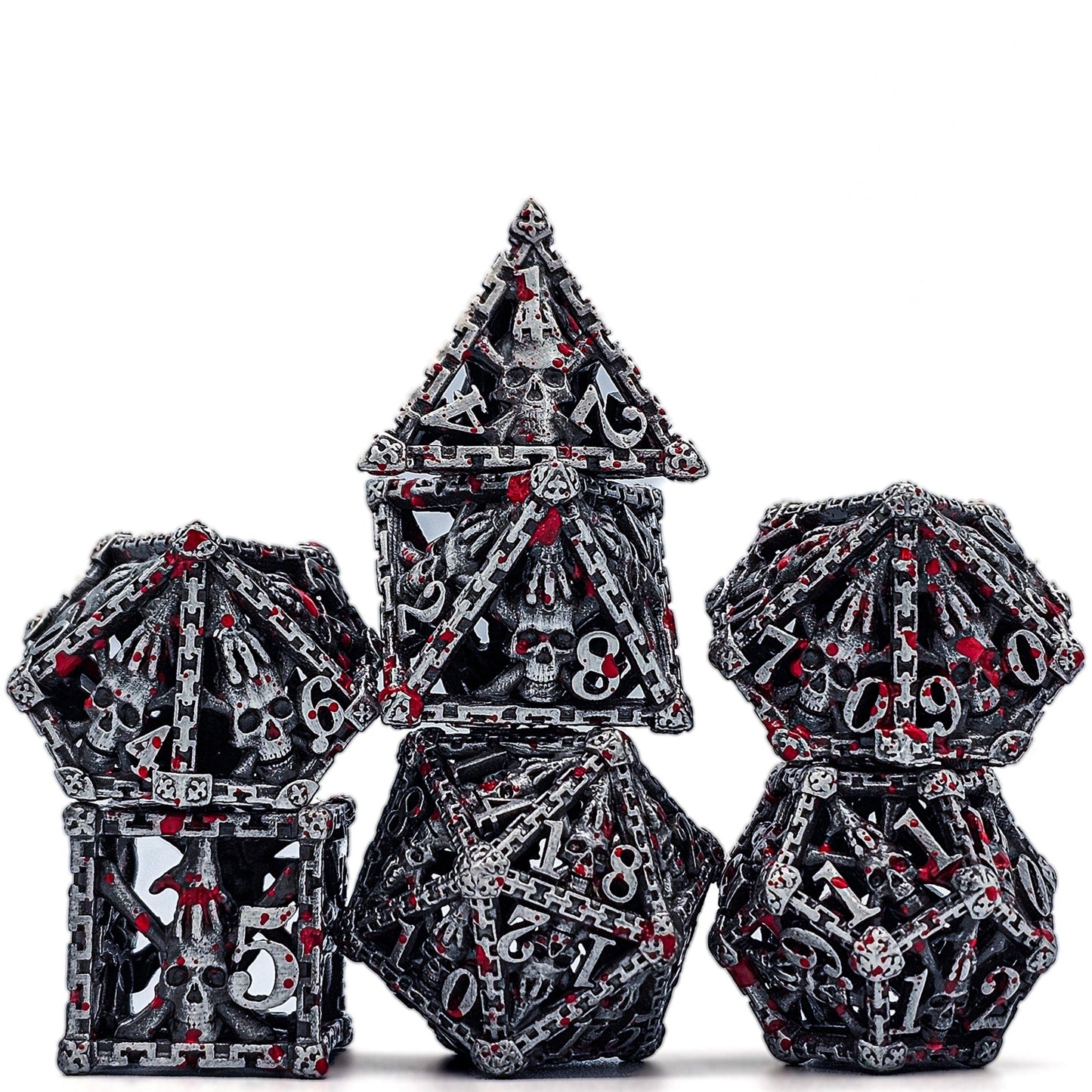 Hollow Metal Silver & Blood Skeleton DND Dice Set