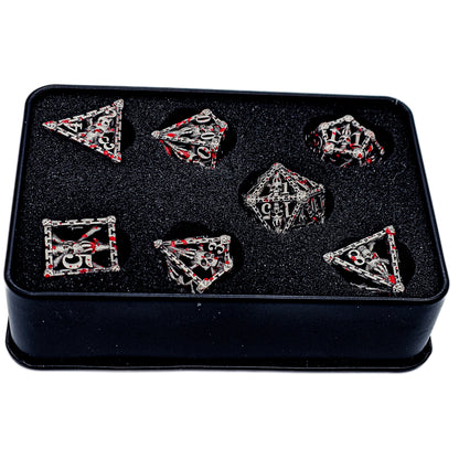 Hollow Metal Silver & Blood Skeleton DND Dice Set