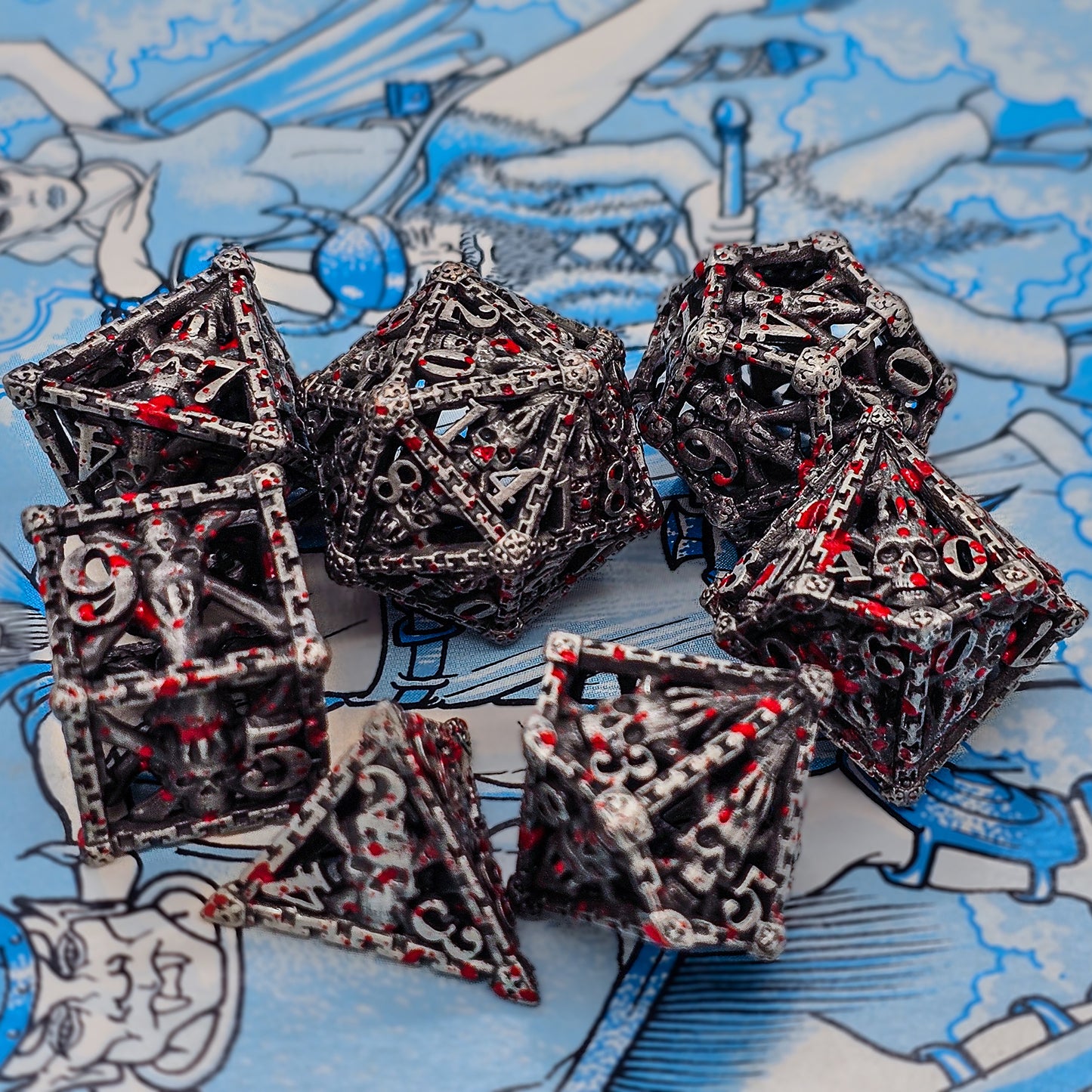 Hollow Metal Silver & Blood Skeleton DND Dice Set