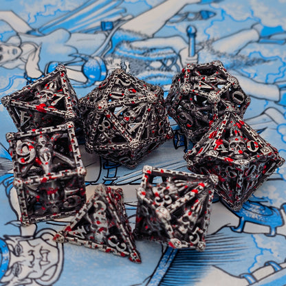 Hollow Metal Silver & Blood Skeleton DND Dice Set