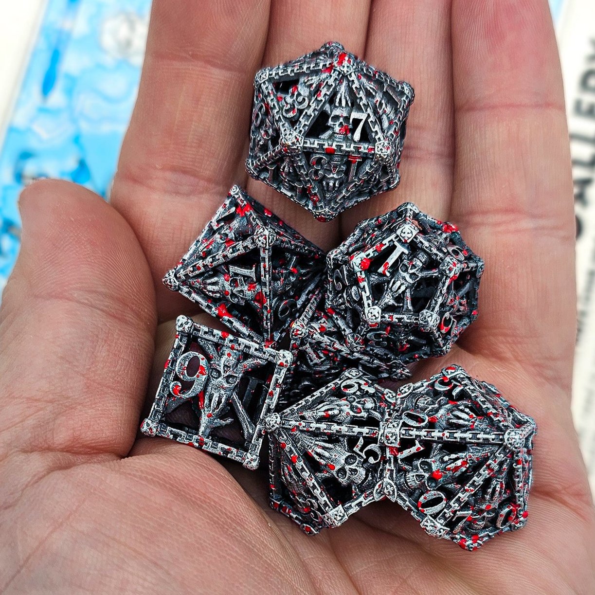 Hollow Metal Silver & Blood Skeleton DND Dice Set