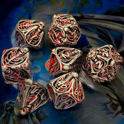 Hollow Metal Silver & Blood Skeleton DND Dice Set