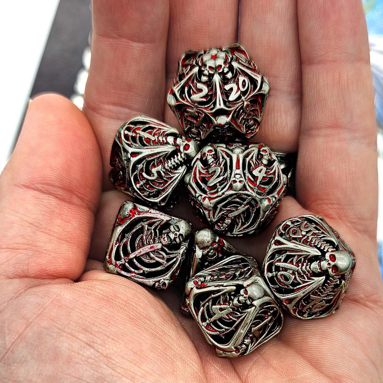 Hollow Metal Silver & Blood Skeleton DND Dice Set