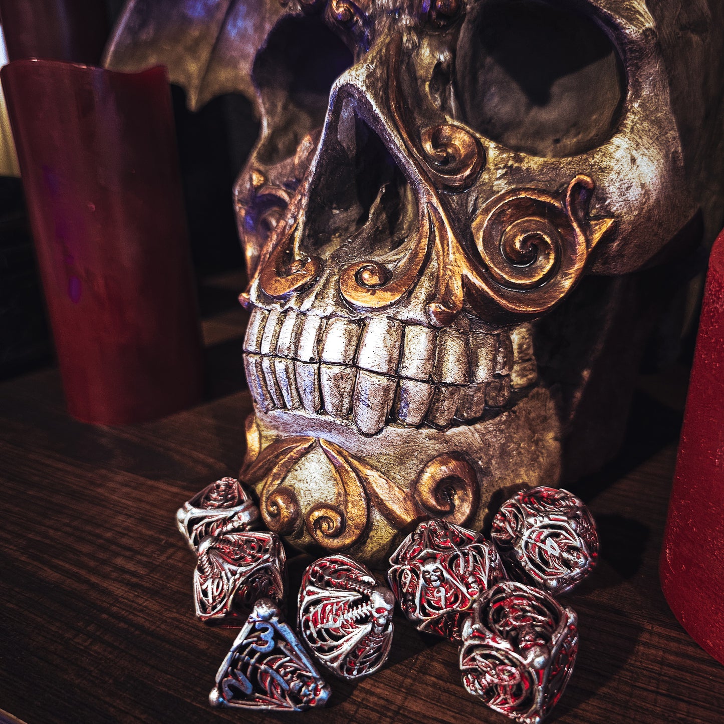 Hollow Metal Silver & Blood Skeleton DND Dice Set