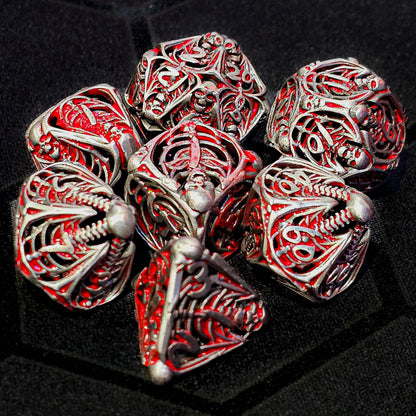 Hollow Metal Silver & Blood Skeleton DND Dice Set