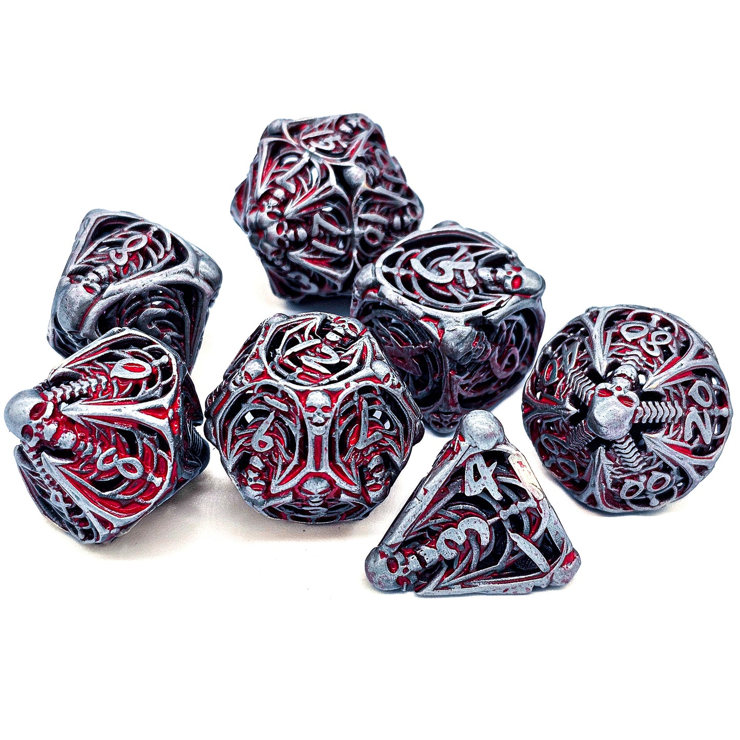 Hollow Metal Silver & Blood Skeleton DND Dice Set