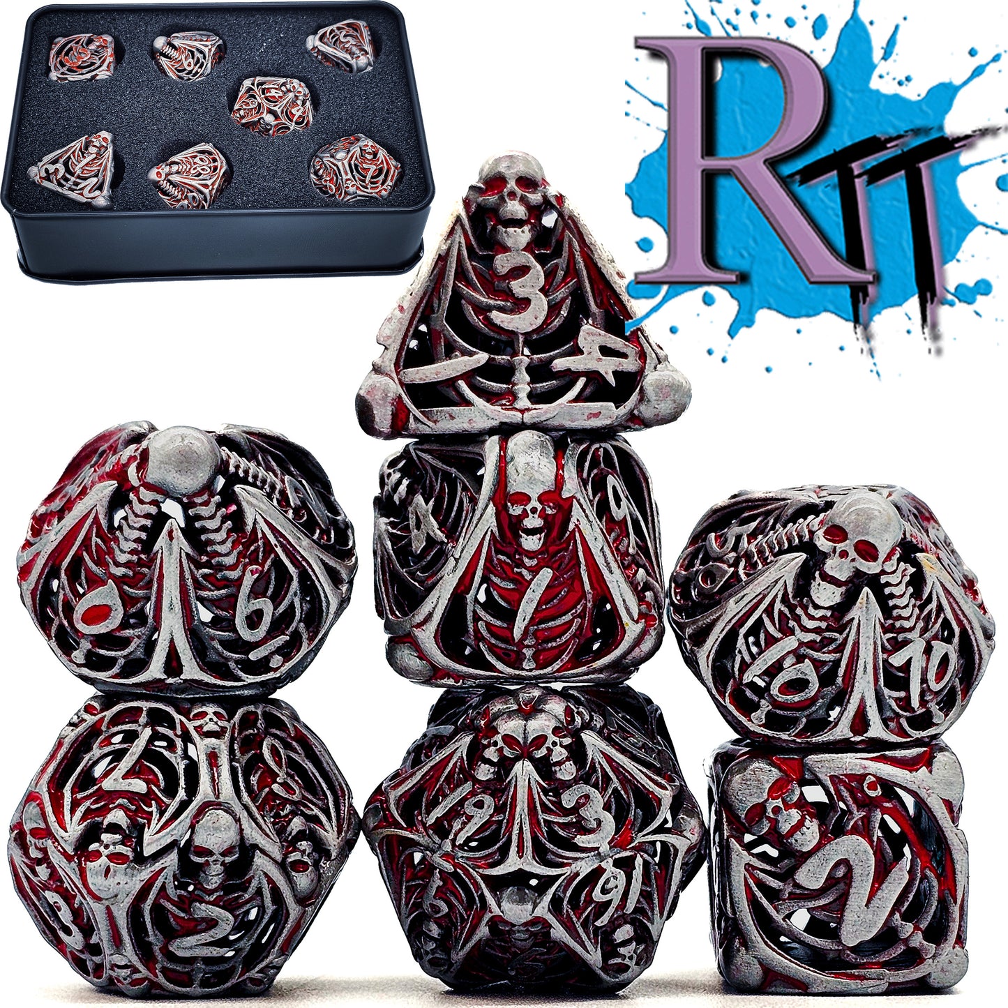 Hollow Metal Silver & Blood Skeleton DND Dice Set