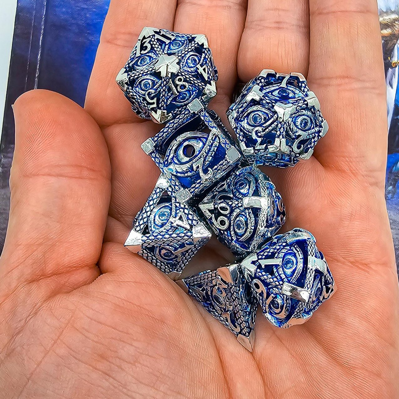 Blue & Silver Hollow Metal Illuminati Dice