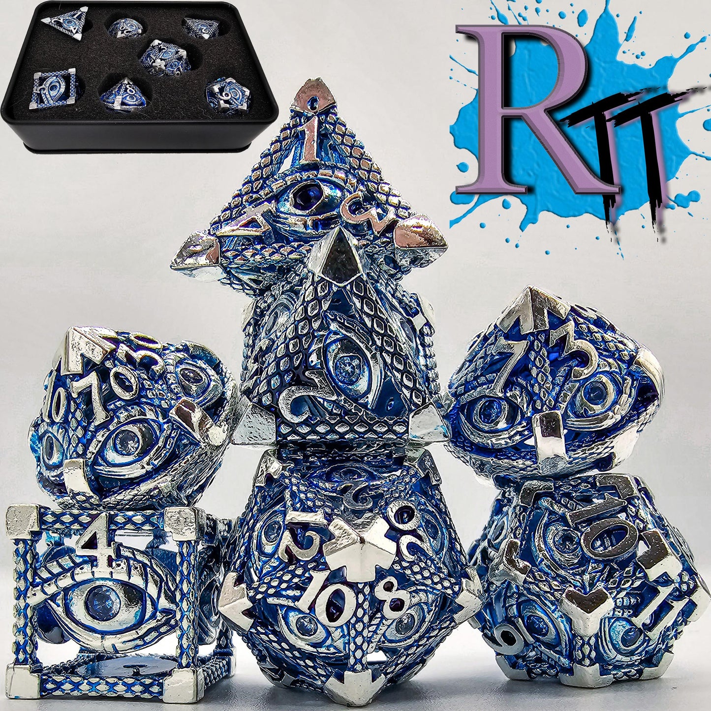 Blue & Silver Hollow Metal Illuminati Dice