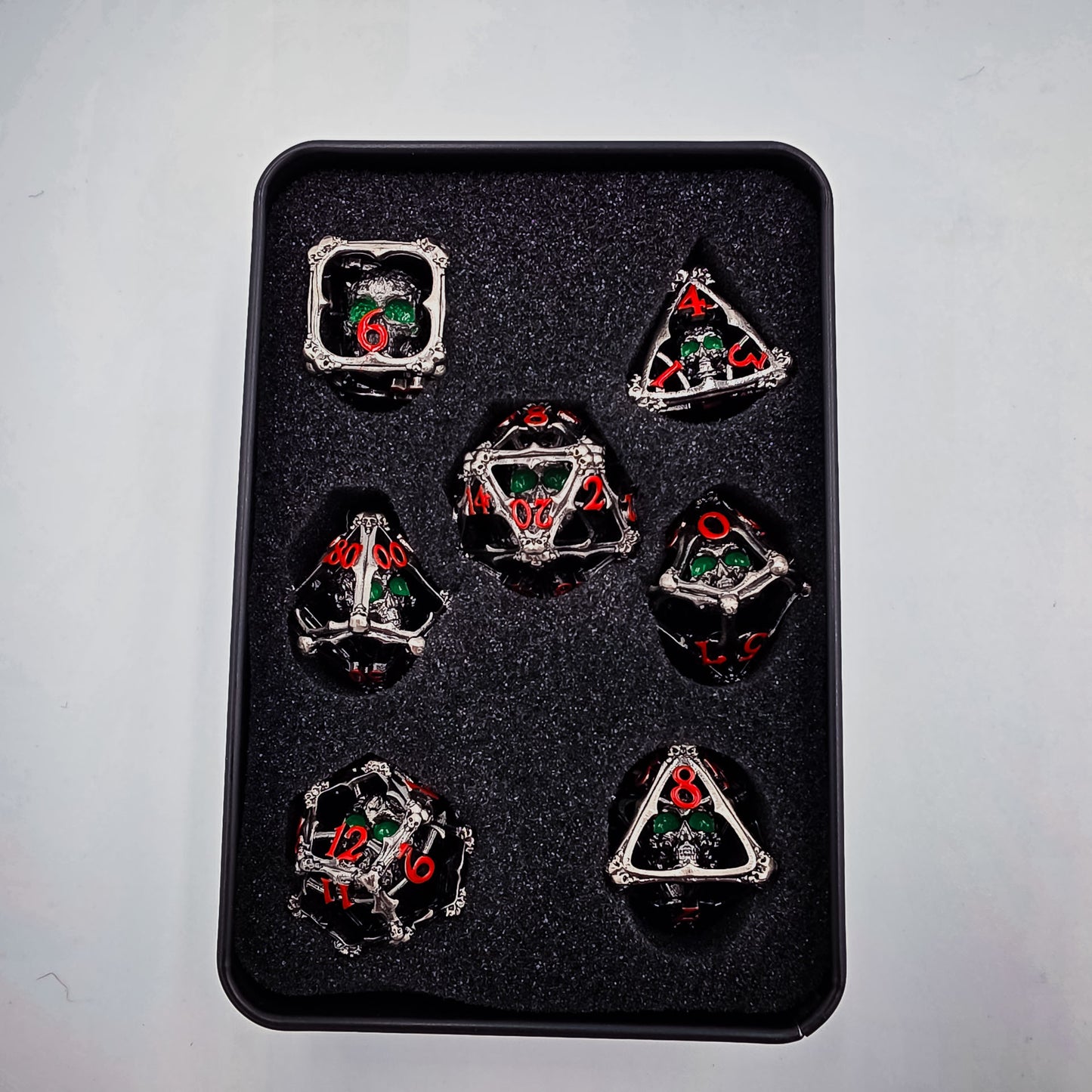 Silver Hollow Metal 3D Skull DND Dice Set