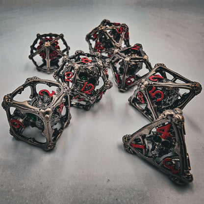Silver Hollow Metal 3D Skull DND Dice Set