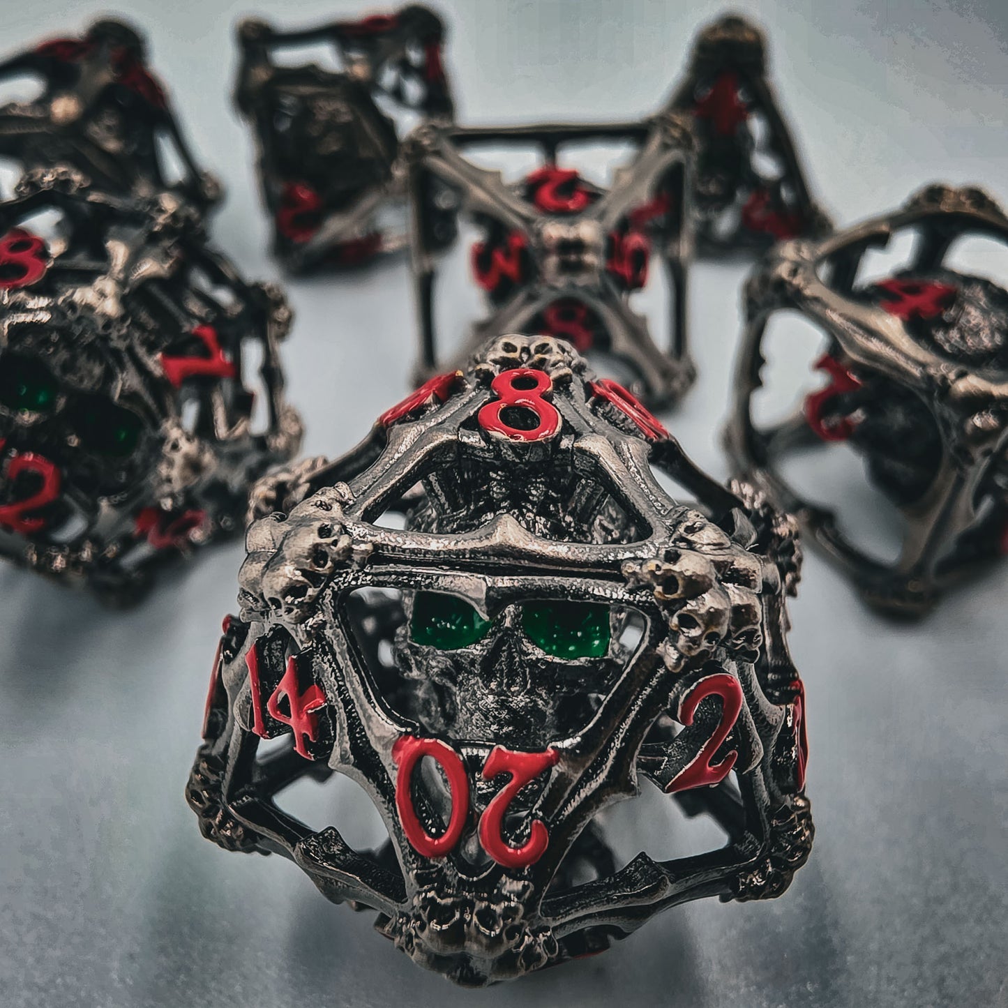 Silver Hollow Metal 3D Skull DND Dice Set