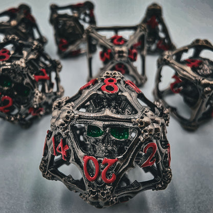 Silver Hollow Metal 3D Skull DND Dice Set