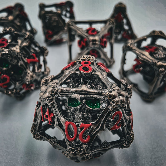 Silver Hollow Metal 3D Skull DND Dice Set