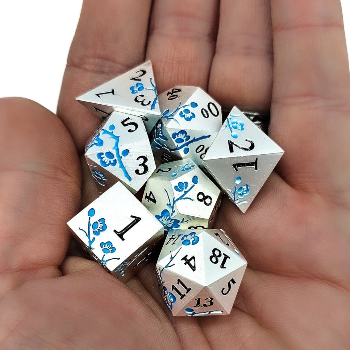 Solid Metal Silver Plum Blossom DND Dice Set