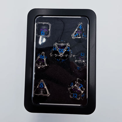 Silver & Blue Hollow Metal 3D Skull DND Dice Set