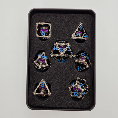 Silver & Blue Hollow Metal 3D Skull DND Dice Set