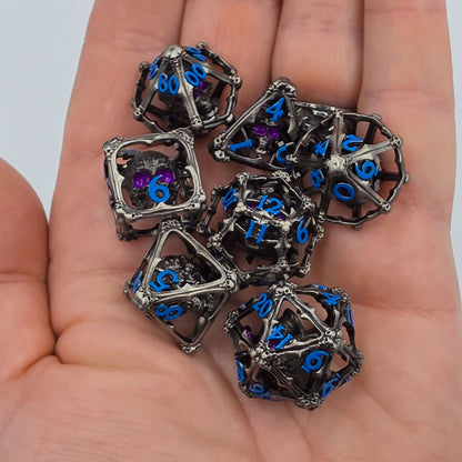 Silver & Blue Hollow Metal 3D Skull DND Dice Set