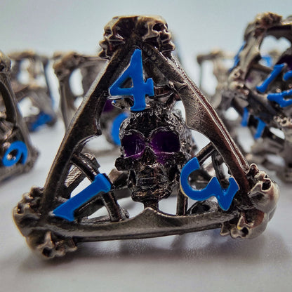 Silver & Blue Hollow Metal 3D Skull DND Dice Set