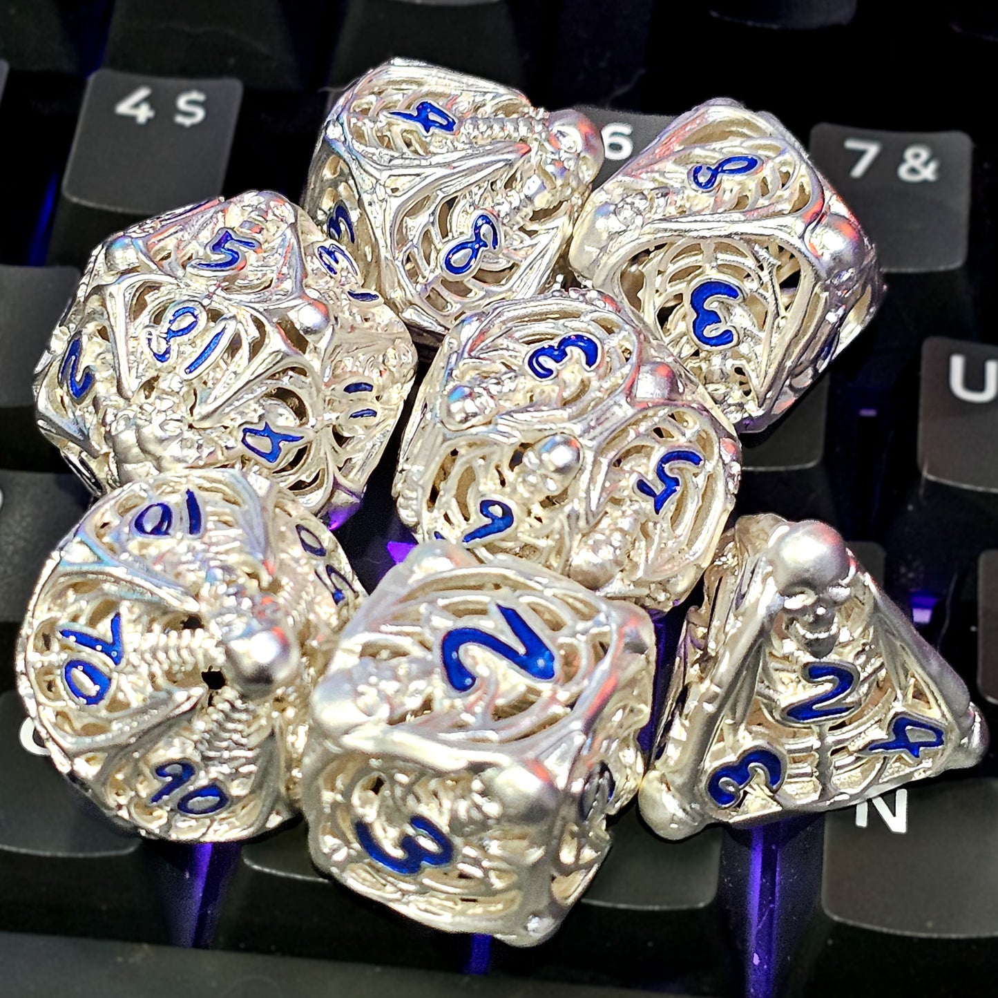 Hollow Metal Silver Skeleton DND Dice Set