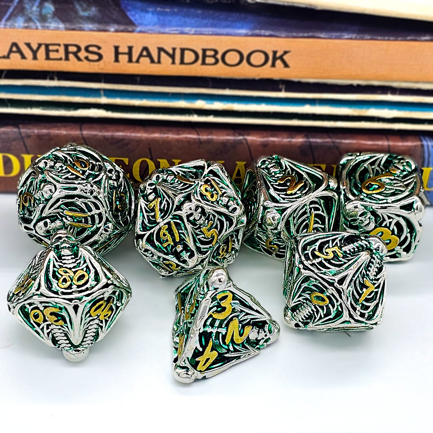 Hollow Metal Green Skeleton DND Dice Set