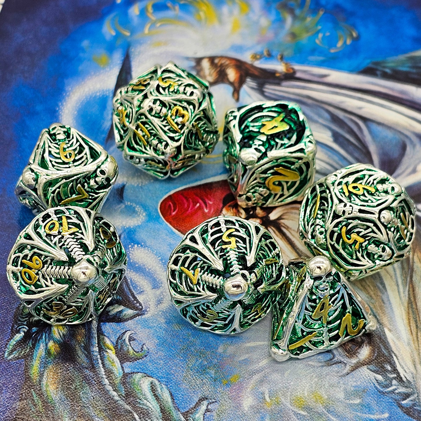 Hollow Metal Green Skeleton DND Dice Set