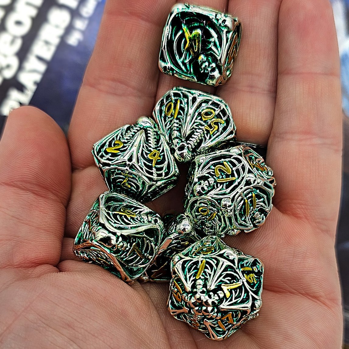 Hollow Metal Green Skeleton DND Dice Set