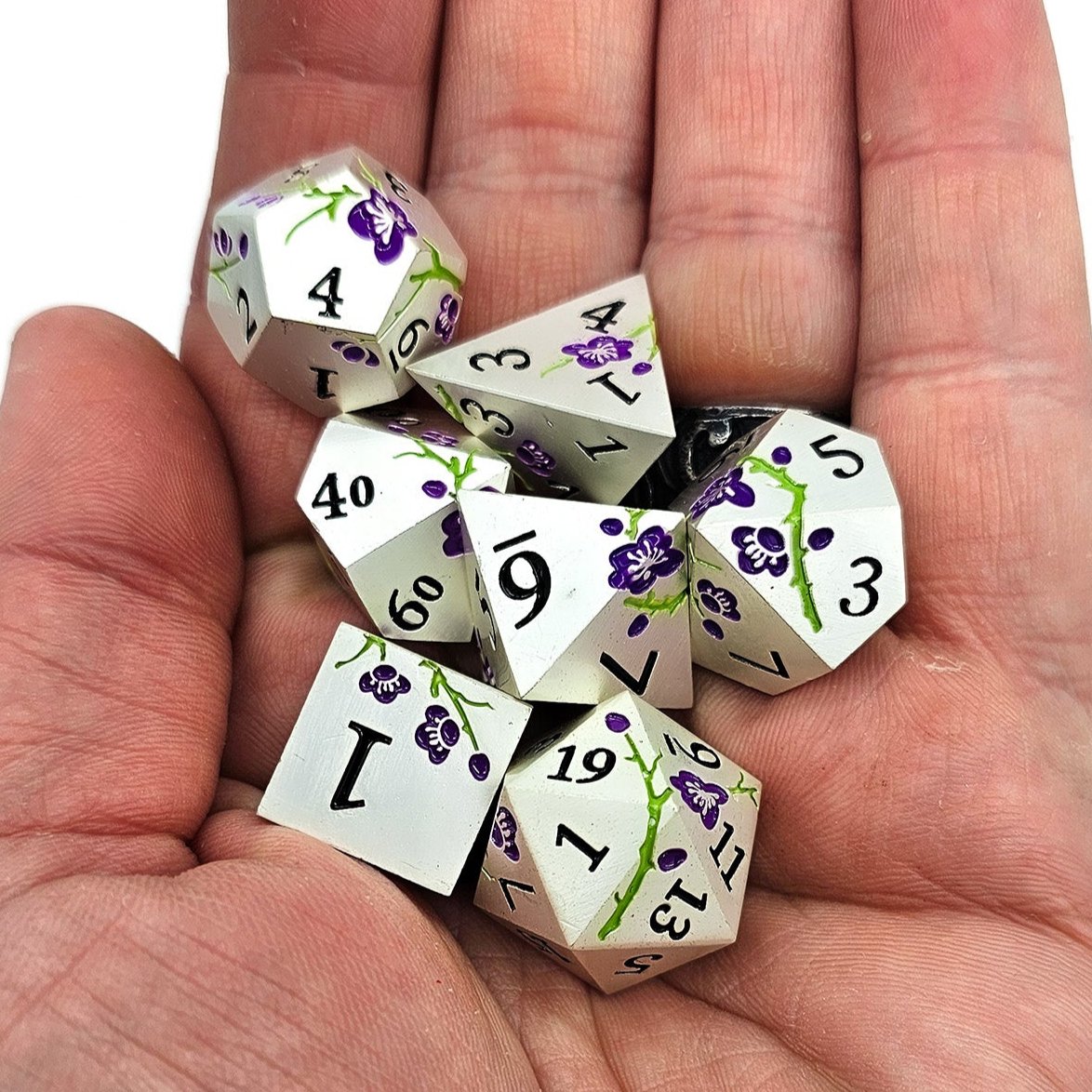 Solid Metal Silver Plum Blossom DND Dice Set