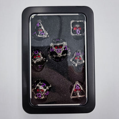 Silver & Purple Hollow Metal 3D Skull DND Dice Set