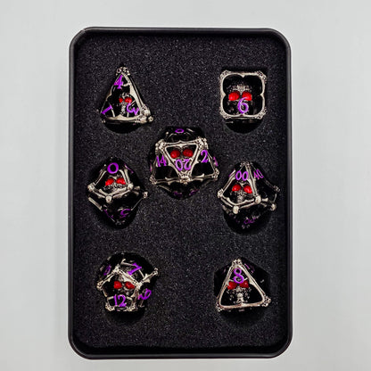 Silver & Purple Hollow Metal 3D Skull DND Dice Set