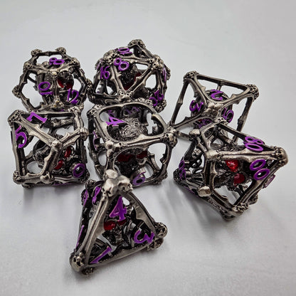 Silver & Purple Hollow Metal 3D Skull DND Dice Set