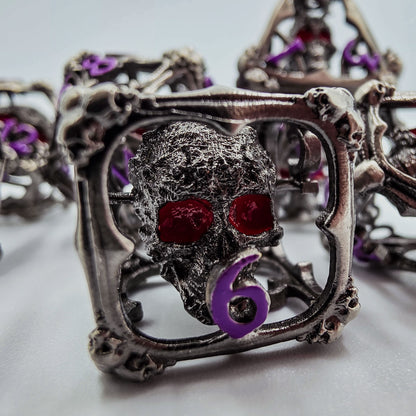 Silver & Purple Hollow Metal 3D Skull DND Dice Set