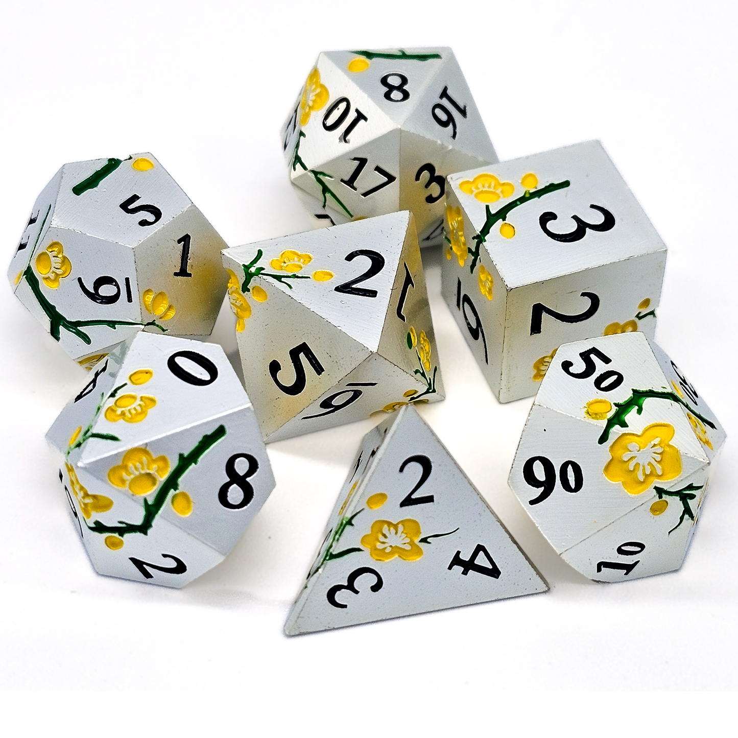 Solid Metal Silver Plum Blossom DND Dice Set