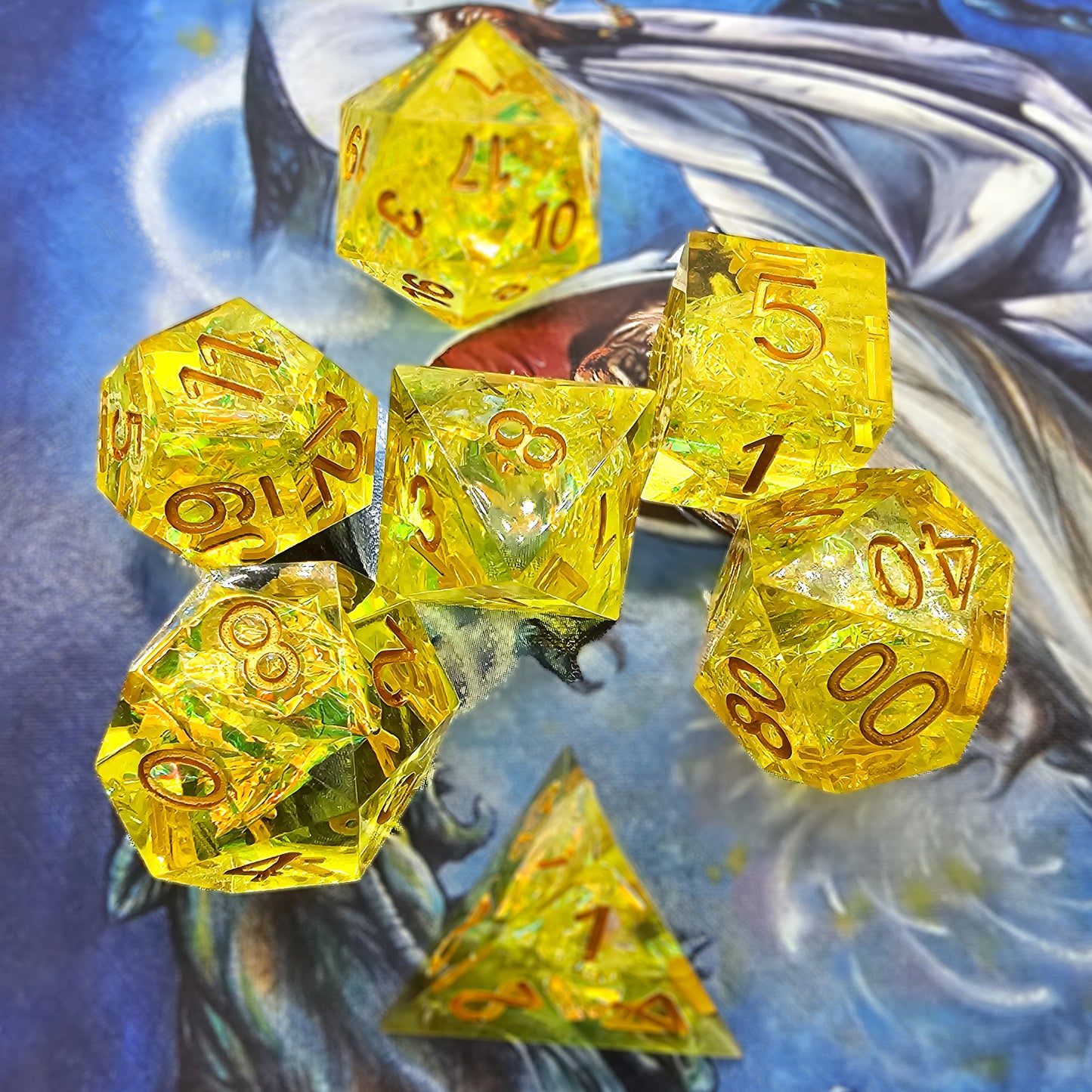 7pc Yellow Transparent Resin Sharp Edge DND Dice Set